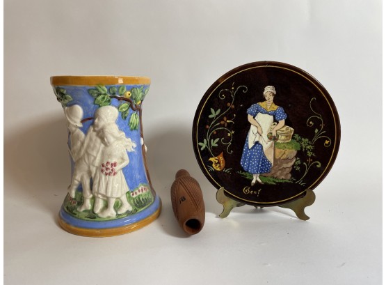 Rare Early French Redware Plate, Italian Majolica Vase And A Signed Duck Call