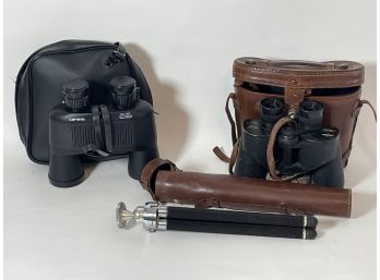 2 Pairs Of Vintage Binoculars And Collapsible Tripod In Case