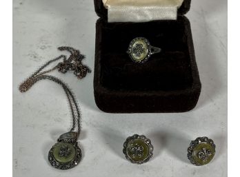 Vintage Luck Of The Irish Silver Necklace Ring And Earring Set