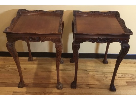 PR. Antique Carved Walnut Scalloped Side Tables