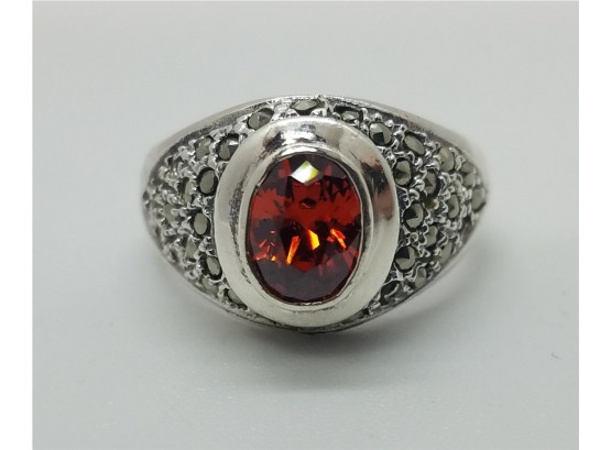 Beautiful Vintage Size 9 1/2 Sterling Silver Ring With Marcasite And Red Glass