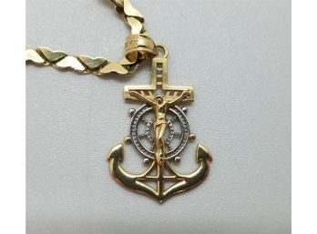 Incredible 14K Gold Vintage 24 Inch Chain And 14K Nautical Anchor With Jesus On The Cross 12 Grams