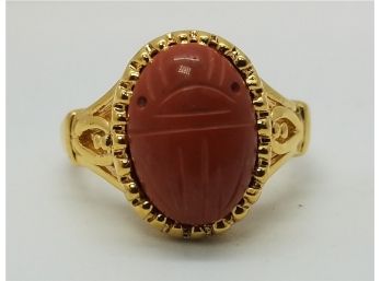Nice Vintage Size 9 Gold Tone Ring With A Southwestern Style Carved Jadite Stone