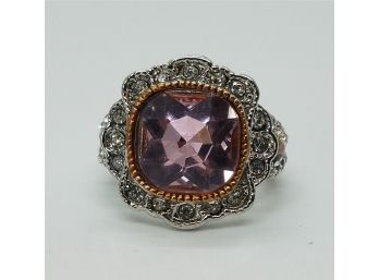 INCREDIBLE VICTORIAN STYLE SIZE 6 STERLING SILVER RING With Lovely Large Pink Glass Stone
