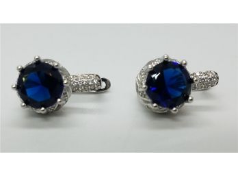 Beautiful Sterling Silver Earrings With Large 5/16' Blue Glass Stones