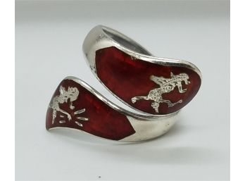 Vintage Size 7 Sterling Silver Ring With Red Enamel And Asian Designs