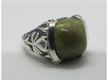 Vintage Size 7 Sterling Silver Victorian Style Ring Marked 'IRELAND' With Large Connemara Marble Green Stone