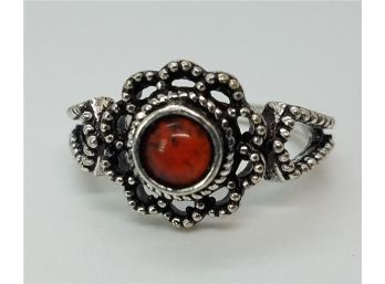 Size 7 Victorian Style Ring Silver Tone With A Rust Colored Stone
