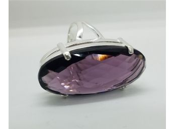 Beautiful Size 9 Sterling Silver Plated Giant 1 7/16' X 5/8' Purple Glass Stone