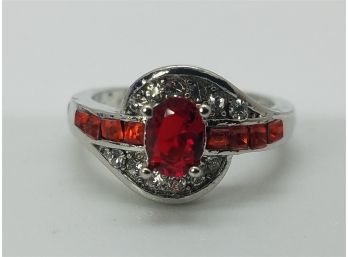 Size 9 Silver Plated Ring With Wonderful Red Glass Stones And CZ's.