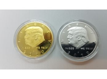 Set Of 2 Brand New Uncirculated Gold & Silver Tone 2020 Donald Trump Commemorative Coins