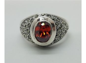 Beautiful Vintage Size 9 1/2 Sterling Silver Ring With Marcasite And Red Glass