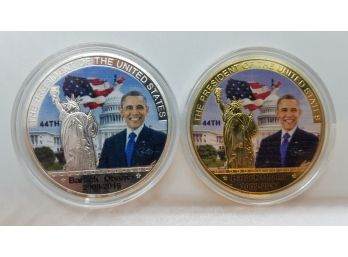 Lot Of (2) Brand New Uncirculated Silver Tone & Gold Tone Barack Obama American Eagle Commemorative Coins.