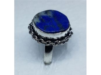 Size 6 Large Natural Blue Lapis Lazuli Stone Ring  In Silver Plate