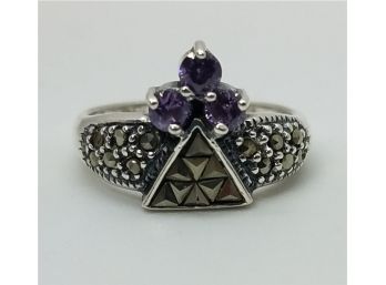 Vintage Size 6 Marcasite Ring With 3 Purple Glass Stones