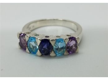 Vintage Size 9 Sterling Silver Ring With 2 Tanzanite ~ 2 Blue Topaz ~ 1 Purple Glass Stone