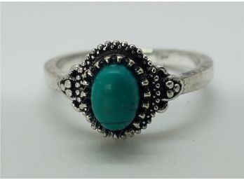 Size 7 1'2 Silver Plated Victorian Style Ring With A Green Turquoise Stone