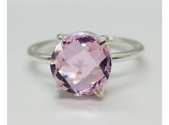 Beautiful Size 8 1/2 Sterling Silver Ring With Large Pink Glass Stone