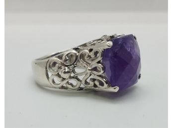 Size 7 Vintage Sterling Silver Victorian Style Ring With Large Tested Amethyst Stone