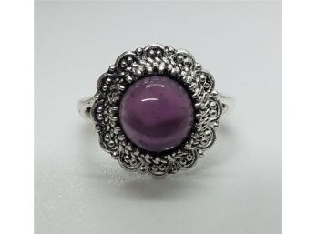 Size 5 Sterling Silver Plated Ring With Purple Glass Stone In Victorian Style Setting