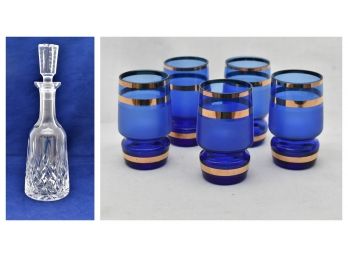 Waterford Crystal Decanter And Cobalt Blue Shot Glasses