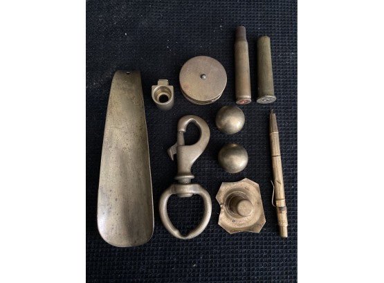 Old Bronze/brass Items - Shoe Horn, Clip, Round Measuring Tape, Pen, Etc.