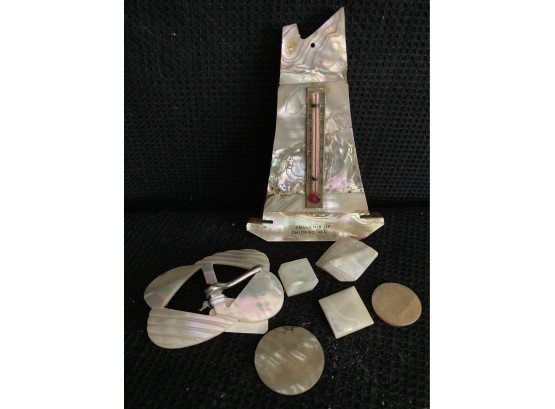Lot 2 - Mother Of Pearl? Pieces (belt Buckle, Sailboat Thermometer, Etc.)
