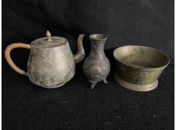 3 Etched Oriental Style Metal Pieces