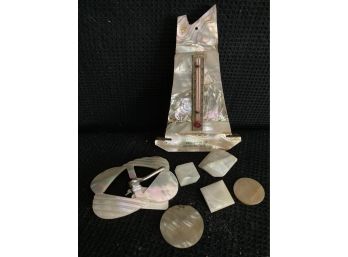 Lot 2 - Mother Of Pearl? Pieces (belt Buckle, Sailboat Thermometer, Etc.)