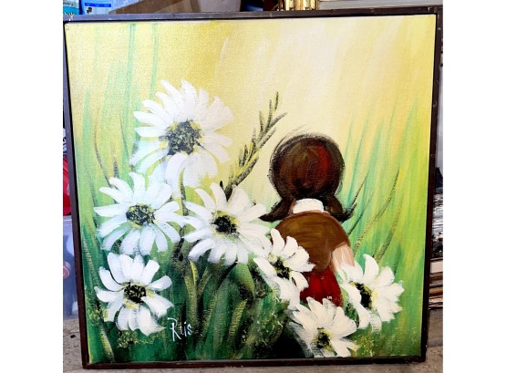 Large Signed Mid Century Painting Girl And Daisy Flowers