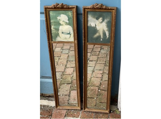Pair Of Vintage Mirrors With Print Of Girl And Boy