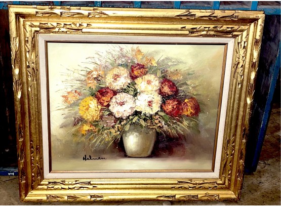 Signed 'Helman' Mid Century Oil On Canvas Floral Painting