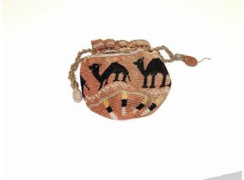Vintage Antique Victorian Draw String Bead Camel Purse