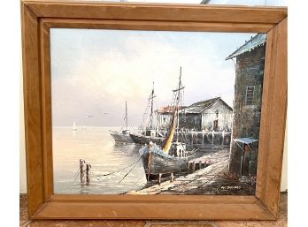 G. Thomas Harbor Fishing Boat Scene Oil On Canvas