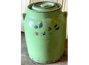 Antique  Glazed Green Stoneware Crock With Cover