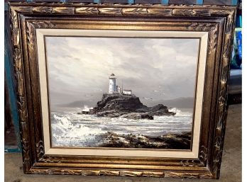 Framed And Signed ' R. Thompson' Light House Oil On Canvas Painting