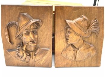 Vintage Carved Wood Relief Plaque Of 2 Men