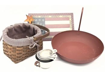 Contemporary Flag Decoration, Basket, Pan And Measuring Cups
