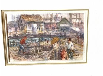 Listed American  Artist ' Doris Britt' Signed Fishing Port Watercolor