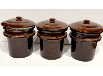 Set Of 3 Glazed Brown With Green Interior Vintage Fermenting Crocks