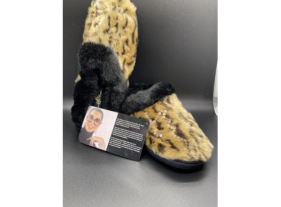 Joan Boyce Faux Leopard Fur Slippers