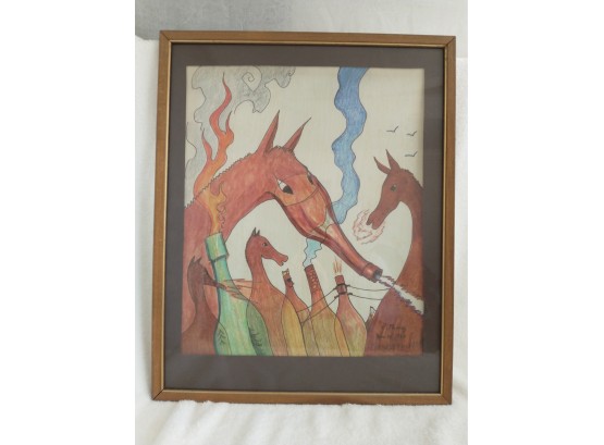 Fantasy Art Original Work On Paper Listed Artist Horses Soldier And Bottles Colorful Surrealist
