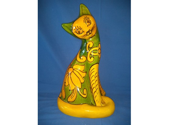 Marked Italy Pottery Cat Handpainted Bright Green And Sunflower Yellow - Mid Century Modern - Bitozzi Era