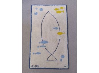 Vintage 1968 Handmade Hooked Rug Modern Fish And Bubbles Mid Century Modern