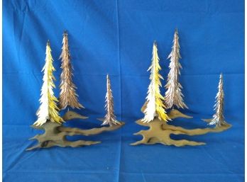 Pair Of Metal And Wood Evergreen Tree Wall Sculptures Mid Century Modern