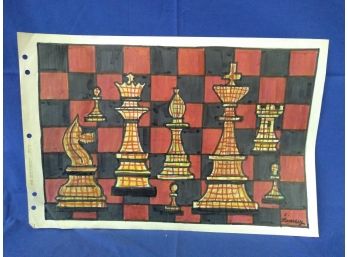 Original Outsider Art Charles Ramsey, Jr. Listed Artist - Chess Pieces On Graph Paper