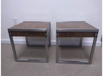 Vintage Pair Of Faux Butcher Block And Chrome Side Tables