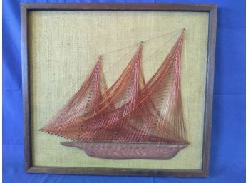 Copper Wire And Wood String Art Ship Mounted On Canvas Covered Board