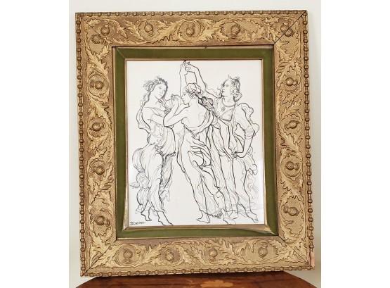Signed J. Weiner Black & White Three Goddesses In Vintage Ornate Gold Wood Frame