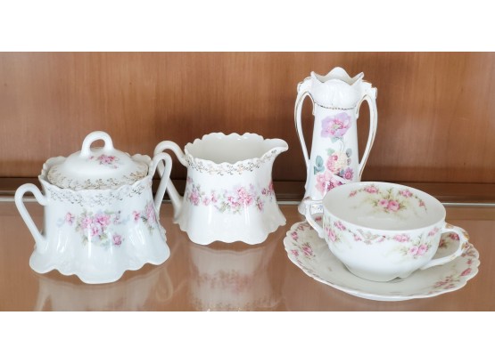 Lovely Assortment Of Vintage Porcelain Sugar & Creamer, Limoges Cup, Saucer And Vase